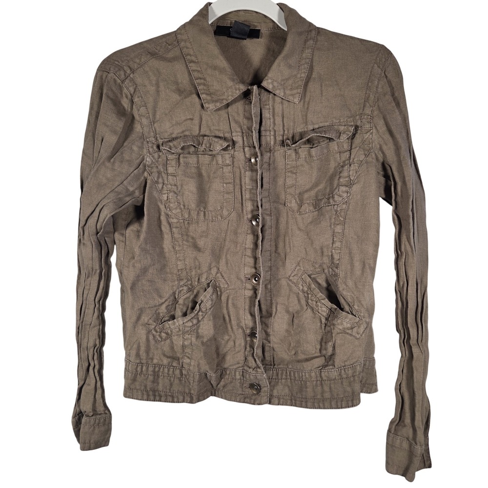 Style & Co Linen Utility Jacket Women M Brown Button Up Petite Safari Gorpcore